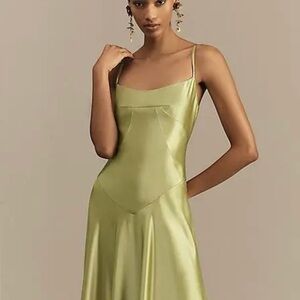 Anthropologie One Shoulder Satin Dress in Light Green